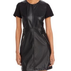 RARE Karl Lagerfeld Paris Faux Leather A-Line Short Sleeve Dress Rear Zip Sz 12